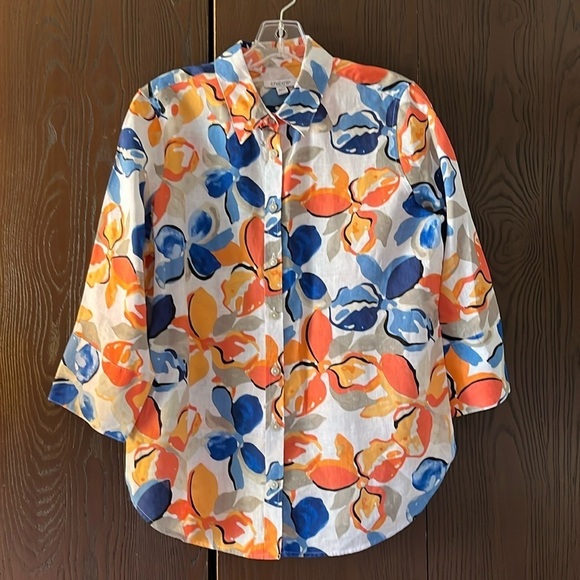 Chico’s 3/4 sleeved, 100% linen white blouse with floral pattern. Size 6. NWOT - Picture 1 of 10